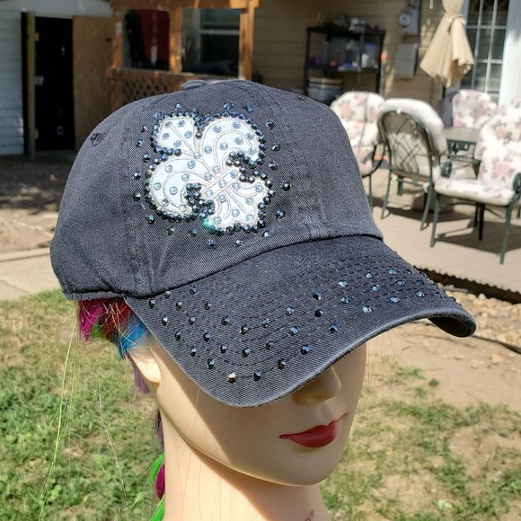 Ladies Black Fleur De Lis BLING Hat NEW - Picture 1 of 4